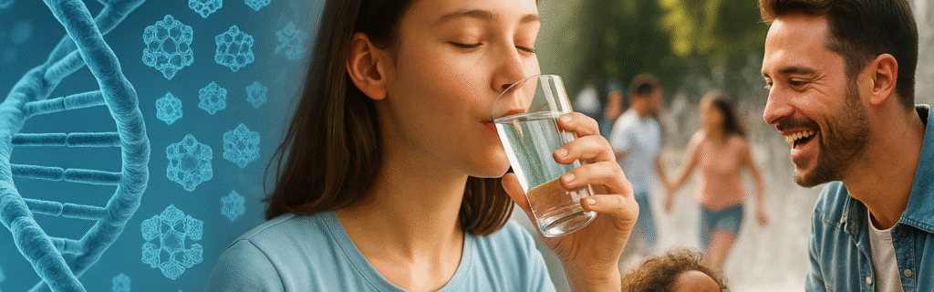 Une jeune femme boit un verre d’eau pure tandis qu’à gauche apparaissent des structures d’ADN et de cristaux d’eau, et qu’à droite un père et son enfant rient ensemble près d’une fontaine. L’image illustre le lien entre science, vitalité et harmonie sociale — essence du concept d’« Eau vivante ».