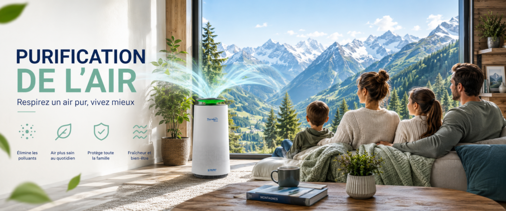 Famille dans un salon face à la montagne avec purificateur d’air moderne dans un intérieur lumineux et naturel.