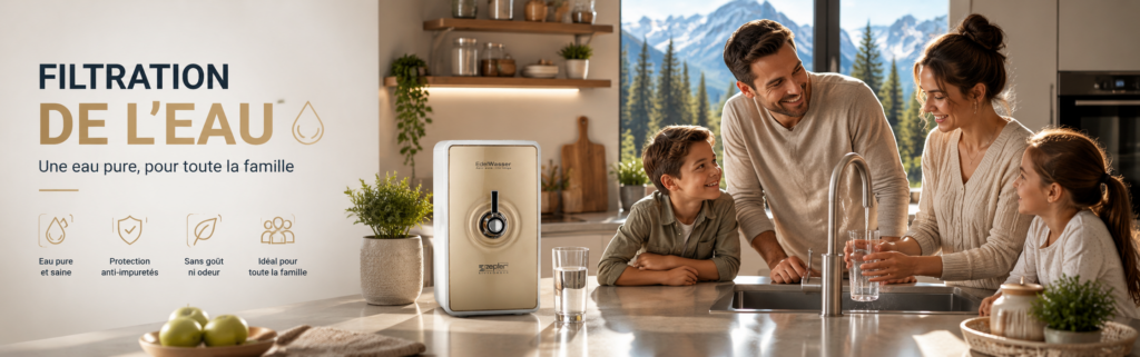 Famille dans une cuisine moderne utilisant un système de filtration d’eau avec vue sur la montagne dans une ambiance chaleureuse et naturelle.