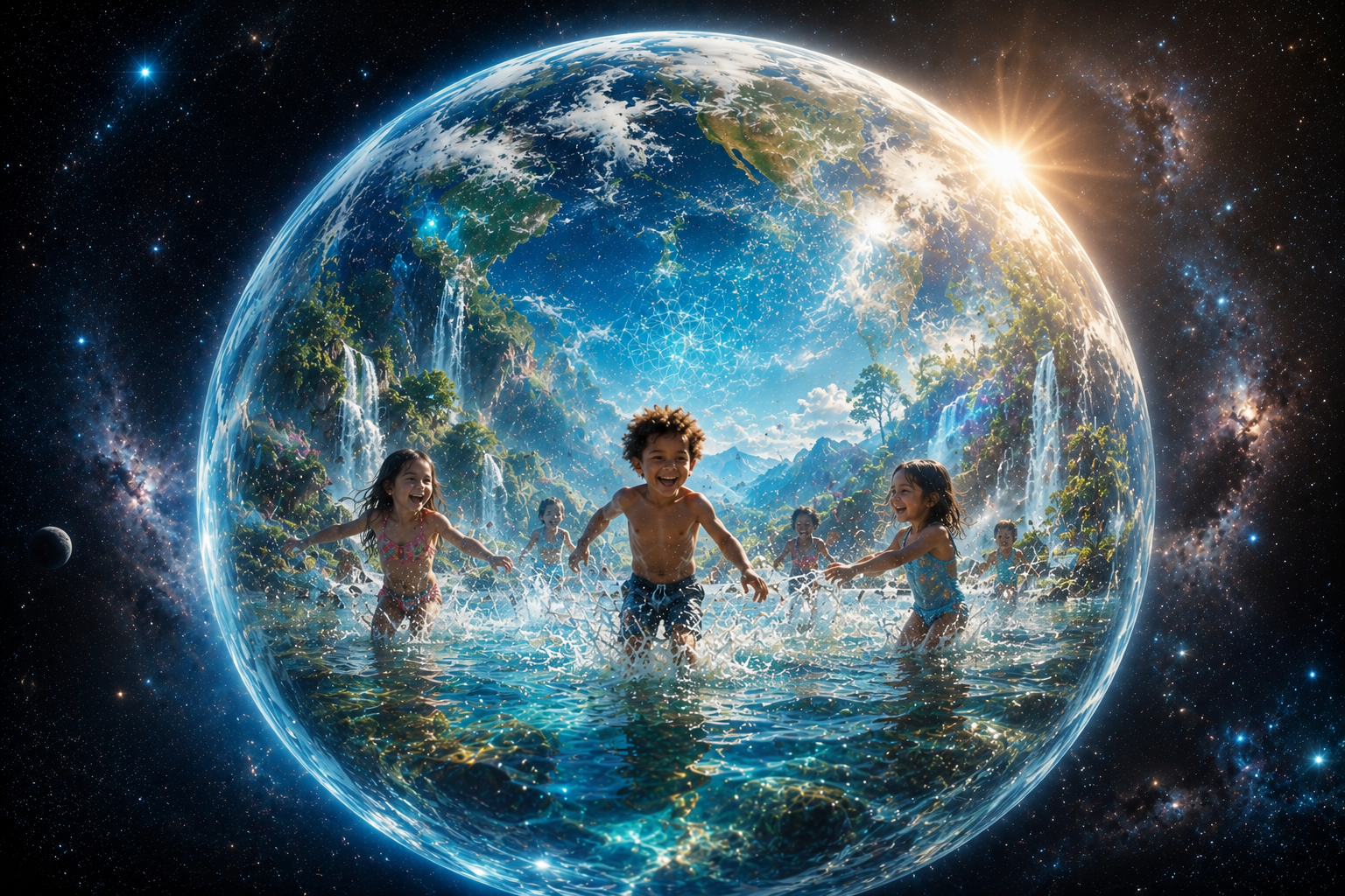 llustration poétique et hyperréaliste représentant une Terre translucide flottant dans l’espace, remplie d’eau lumineuse où des enfants jouent joyeusement. L’image symbolise la vie, la pureté, la conscience et le lien profond entre l’eau, l’humanité et la planète.